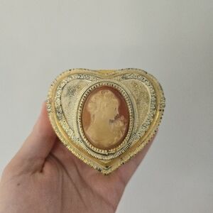 Heart Shaped Trinket Jewelry Box with Cameo Fabric Lined  Japan Gold Silver Vtg